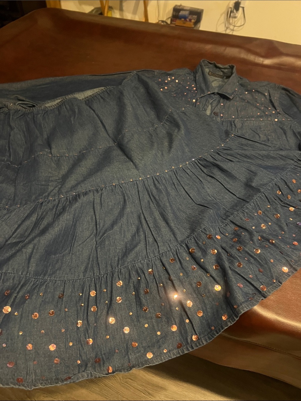 Denim Tiered Maxi Skirt with Metallic Dot Accents - Blue